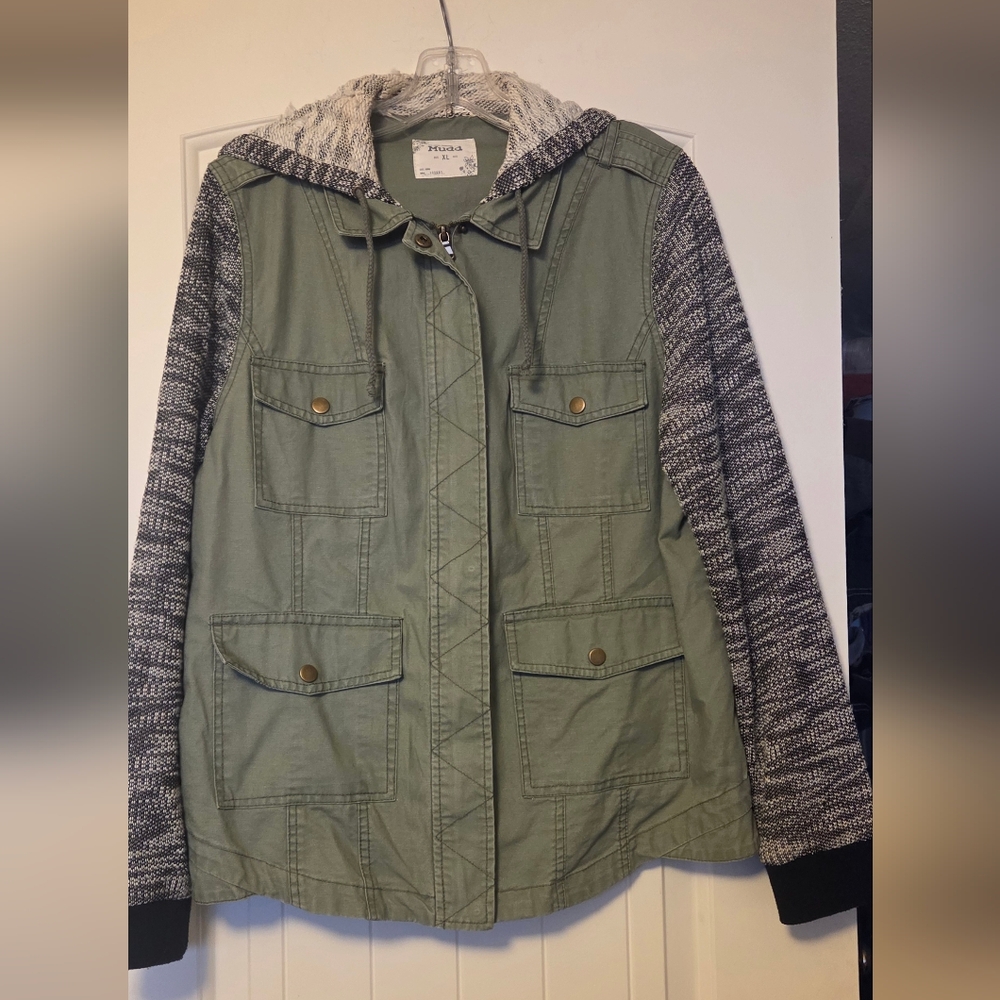 Mudd Olive Green Utility Jacket with Gray Knit Sleeves and Hood